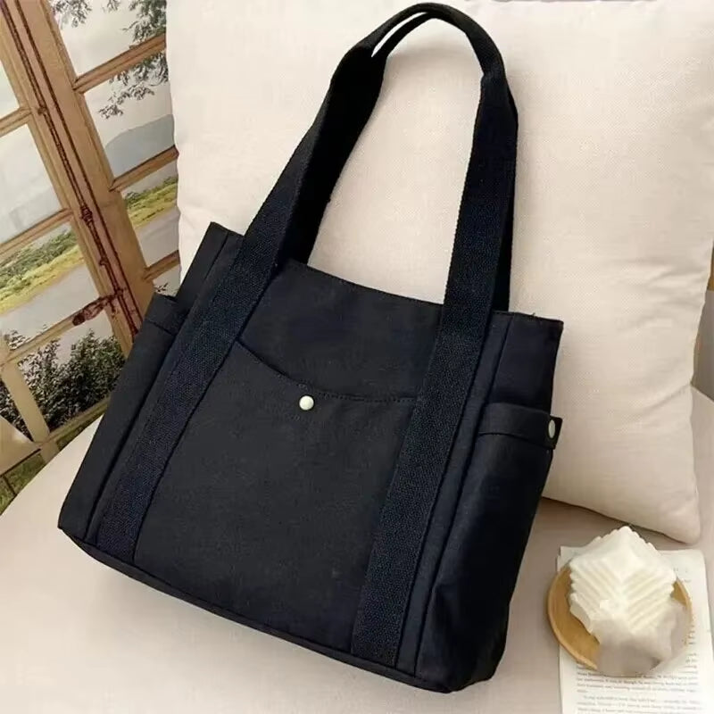 Canvas Women'S Bag Large Capacity Multiple Outer Pocket Zipper Shoulder Bag Student Handbag Shopping