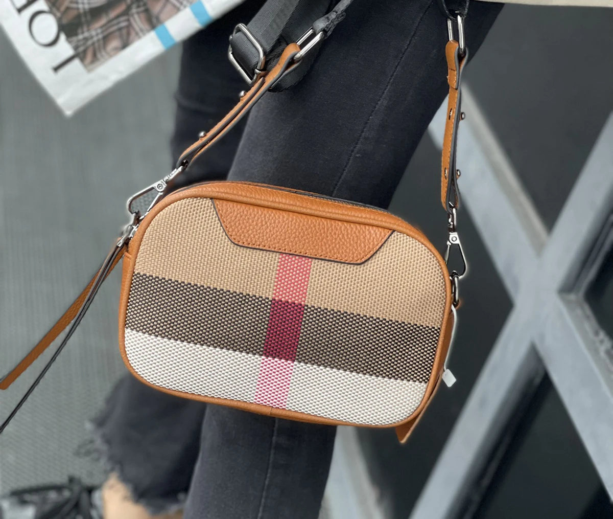 Genuine Leather Women Bag Small Canvas Crossbody Handbag Wide Strap Trendy Square Flap Designer Luxury Sling Shoulder Bags Box