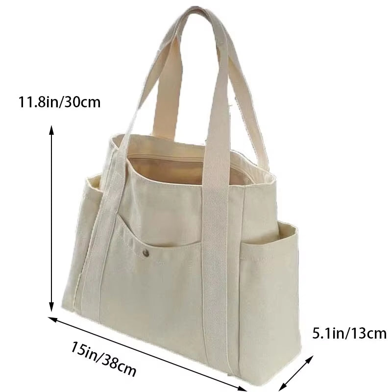 Canvas Women'S Bag Large Capacity Multiple Outer Pocket Zipper Shoulder Bag Student Handbag Shopping